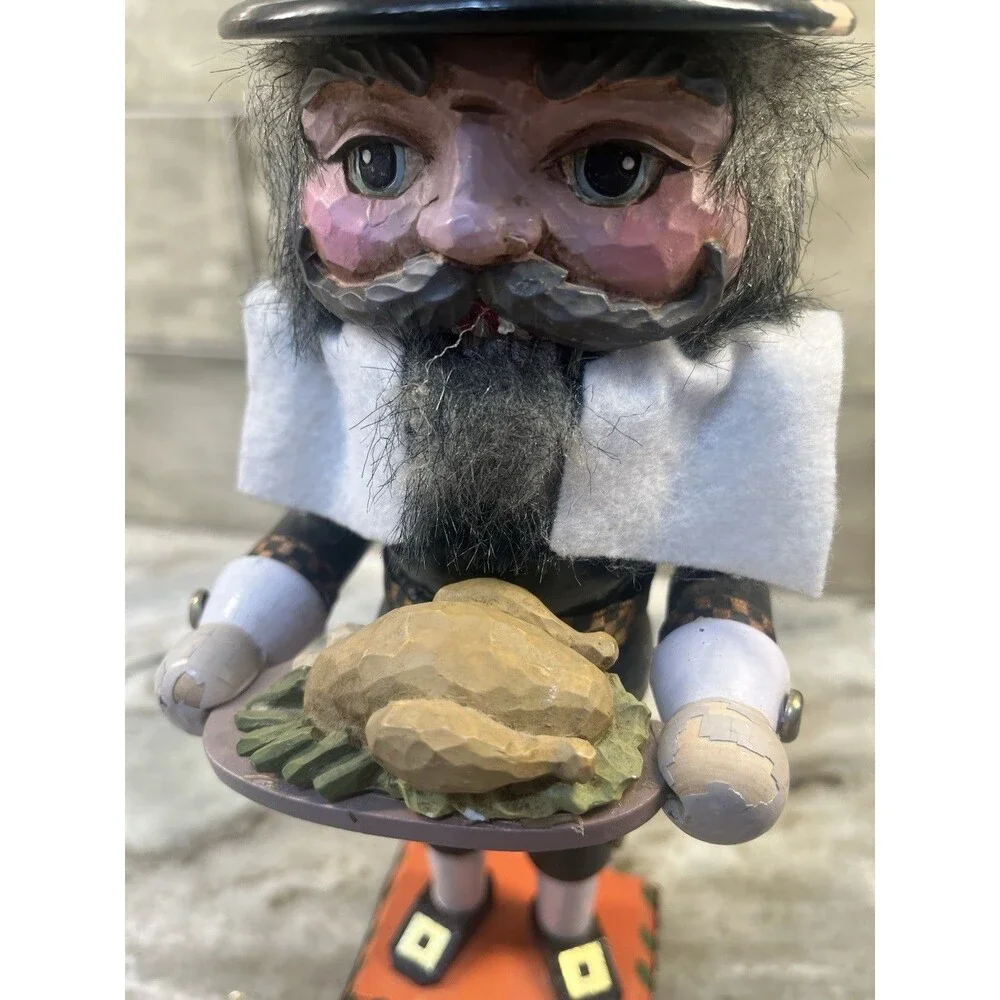 Vintage BRN Designs Nutcracker Pilgrim Holding Turkey Thanksgiving Decor 11.5”